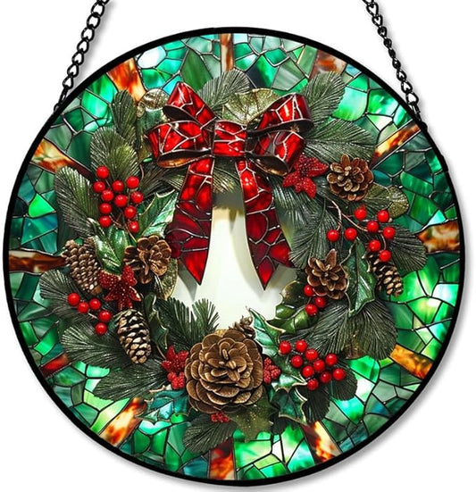 Stained Glass Window Hanging - 7.8in Christmas Wreath with Red Bow, Pine Cones, Berries Sun Catchers Panel for Indoor Decorative Display for Mom, Wife, Lovers, Festive