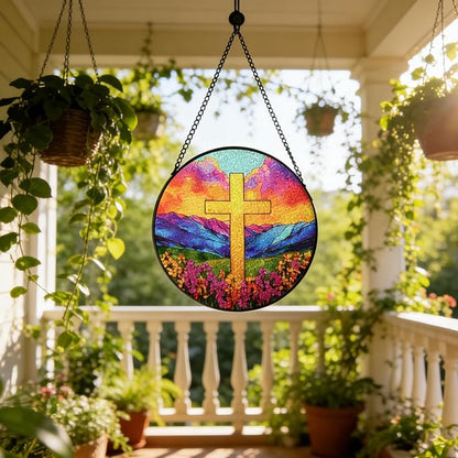 7.88'' Glass Window Hanging, Colorful Cross Sun Catchers Glass Panel for Window, Christian Evening Glow Suncatcher Decor with Hook Chain for Mother's Day Birthday for Women, Men, Wife, Aunt, and Mom