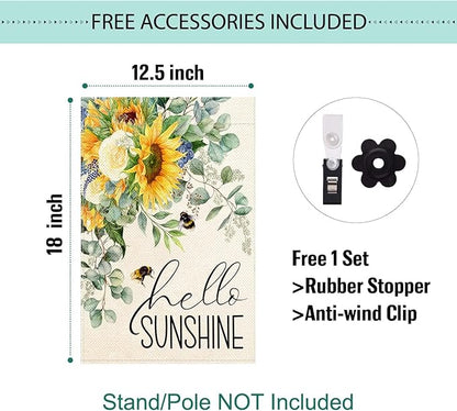 Baccessor Hello Sunshine Spring Garden Flag Sunflower Bee Eucalyptus Leaves Yard Flag 12.5 X 18 Inch Double Sided Burlap Small Spring Summer Flag for Outside Decor