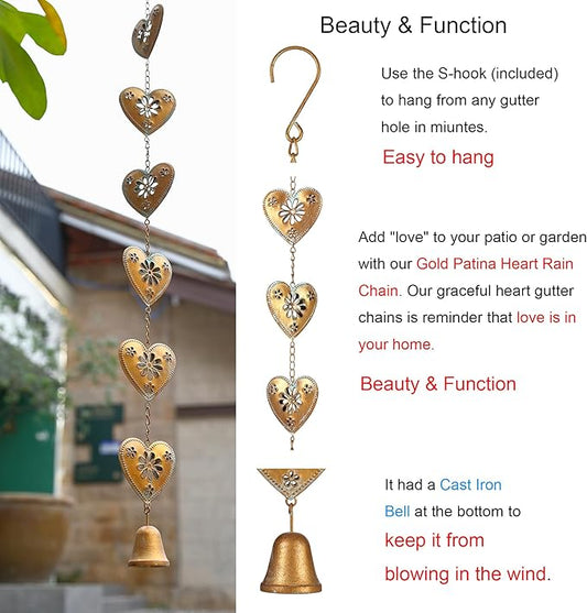 8.5FT Gold Patina Heart Rain Chain for Gutters, Functional and Decorative Replacement Downspout Chain for Outside, Metal Rain Catcher Chain