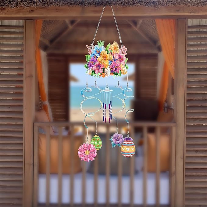 DIY Wind Chime Pendant Spring 3D Diamond Art Painting Hanging Ornament Double Sided Diamond Suncatchers for Window Home Backyard Garden Wall Door Decor-Flowers