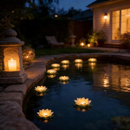 12PCS Waterproof Floating Lotus Light, 5 Inch Floating Lily Flower Water Activated Artificial Flowers Battery Operated Warm White Light for Wedding Pool Anniversary Garden Decor