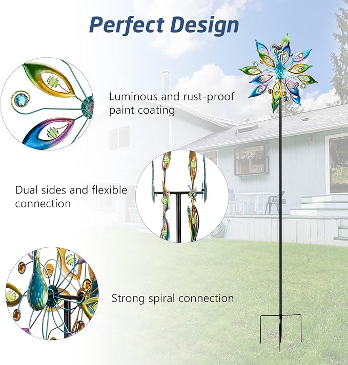 DREAMYSOUL Outdoor Peacock Wind Spinners with Gem Decor, 13" D*65" H Double Sided Kinetic Wind Sculptures & Spinners, Metal Peacock Decor for Garden Yard Lawn