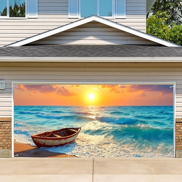 13x6 ft Peaceful Lake Rowboat Garage Door Banner - Scenic Mountain Lake Sunset Backdrop, Hanging Garage Decor - for Thanksgiving Fall Outdoor Background Sign, Rustic Cabin Wall Art Decor