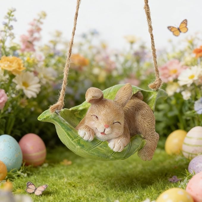 Rabbit Garden Décor Hanging Statue - Bunny Décor Hanging on Tree Branch Rabbit Swing Statue Bunny Easter Tree Décor Outdoor Ornaments Resin Sculpture Yard 4.96 * 2.3 * 2.3 Inch