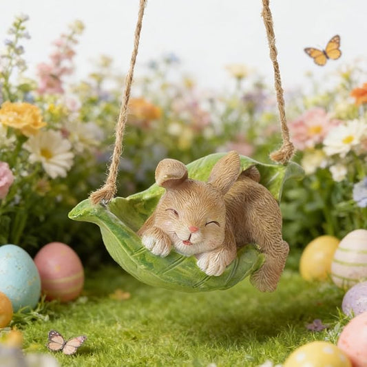 Rabbit Garden Décor Hanging Statue - Bunny Décor Hanging on Tree Branch Rabbit Swing Statue Bunny Easter Tree Décor Outdoor Ornaments Resin Sculpture Yard 4.96 * 2.3 * 2.3 Inch