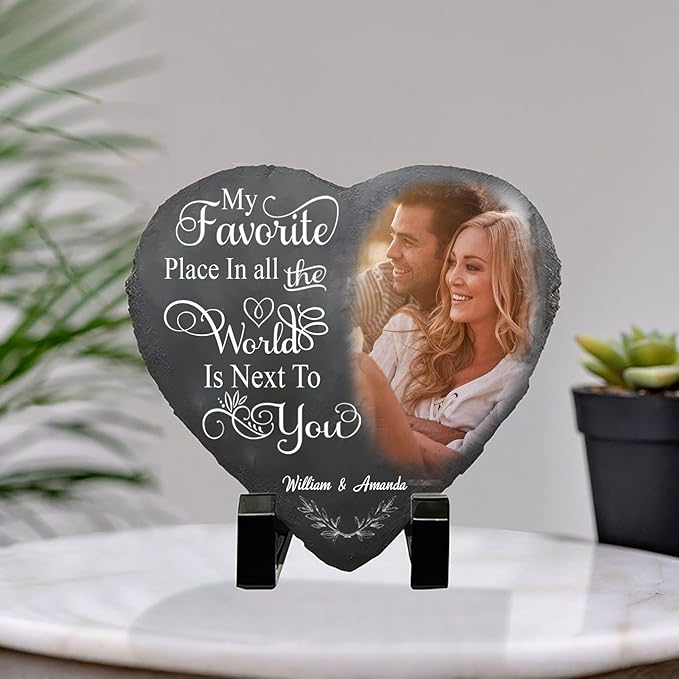 Nazenti Custom Photo My Favorite Place In All The World Is Next To You, Couple Personalized Heart Shaped Stone With Stand, Gift For Husband Wife Anniversary