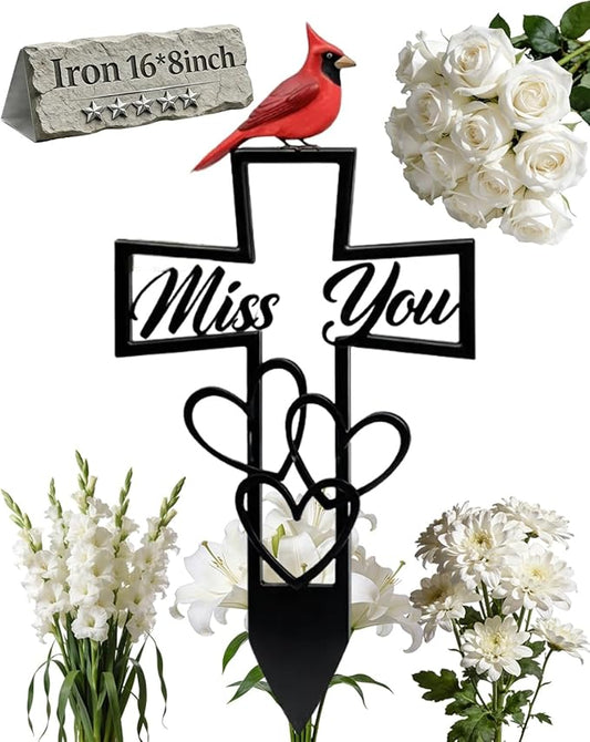 Metal Cemetery Memorial Plaque for Remembrance Cardinal Graveyard Decorations for Humans Red Bird Markers Cross Sign Garden Outdoor Stake Miss You Headstones Easter Sympathy Gifts Tombstones(1pc)