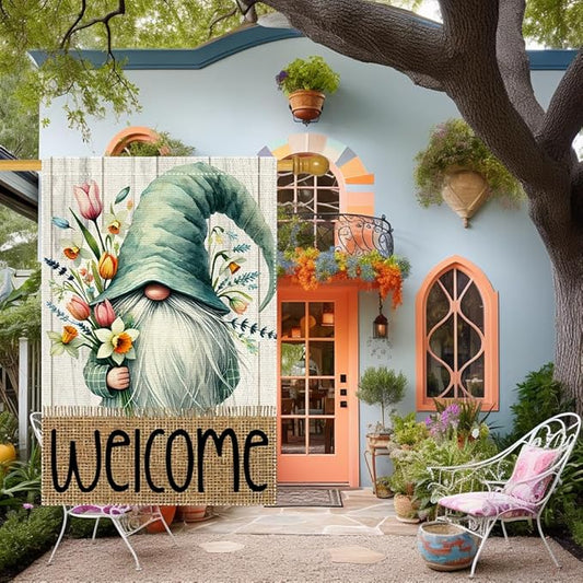 Welcome Spring Garden Flag 28x40 inch Burlap Double Sided Gnome Colorful Floral Small Summer Garden Flags Decorations For Outside Yard Home Outdoor Patio Lawn Decor (RMQ-186, 28"X40")