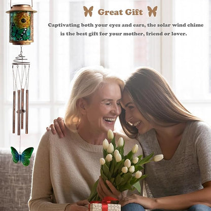 Solar Wind Chimes for Outdoor, Butterfly Garden Decorations Memorial Wind Chimes Deep Tone, Sympathy Windchimes for Outside Garden Décor, Gifts for Mom, Grandma-Butterfly