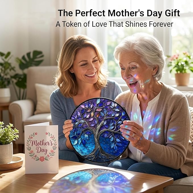 Birthday Gifts for Women - Blue Tree of Life Faux Stained Glass Window Hanging Sun Catcher for Door Garden Acrylic Decor Mother's Day Christmas for Mom Nana Grandma Sisters Wife 7.8"