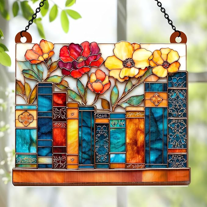 Jesuspirit - Window Hanging Suncatcher – Crystal Clear Acrylic & Wood Sun Catcher for Home Decor, for Women (The Floral Library, 6 Inches)