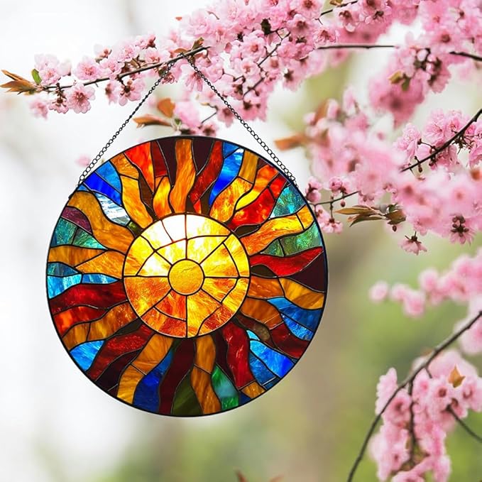 Stained Glass Window Hanging, Sunrise Suncatcher for Window Doors Garden Home Decoration, Abstract Colorful Glass Panel Ornaments for Women,Men,Wife, Lovers, and Mom 7.8×7.8 in