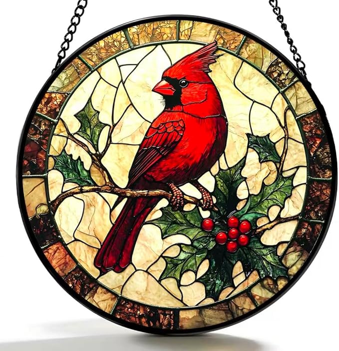 Stained Glass Window Hanging Ornament, The Red Bird Stopped on The Branch 6.3 Inches Suncatcher for Window Home Decor Bithday Christmas Monther's Day Gifts for Women Men and Mom