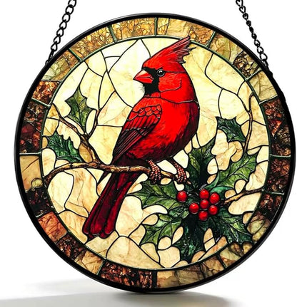 Stained Glass Window Hanging Ornament, The Red Bird Stopped on The Branch 6.3 Inches Suncatcher for Window Home Decor Bithday Christmas Monther's Day Gifts for Women Men and Mom