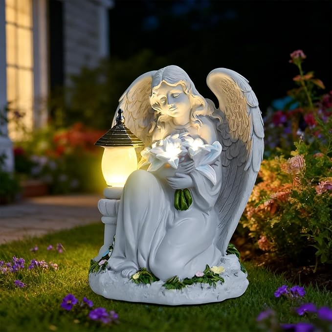 Solar Angel Garden Statue Outdoor, Praying Angel Statues Solar Figurine Lights Outdoor Waterproof, Resin Angel Sculpture for Garden Yard Lawn Grave Cemetery Decor, Gift for Mom Grandma Women (Bouquet)