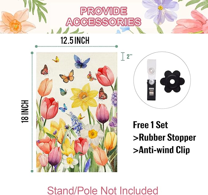 Baccessor Spring Easter Tulip Garden Flag Double Sided 12.5 x 18 Inch Burlap with Clip and Stopper,Daffodil Floral Butterflies Flag Seasonal Farmhouse Front Yard Lawn Outside Outdoor Decoration