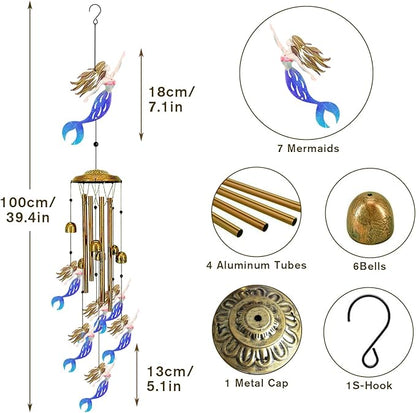Mermaid Wind Chimes for Outside（Blue） - Wind Chime Gifts, Garden Metal Memorial Windchimes for Mom, Grandma, Yard, Porch, Garden Decor or Birthday Mother's Day Christmas Memorial Gift
