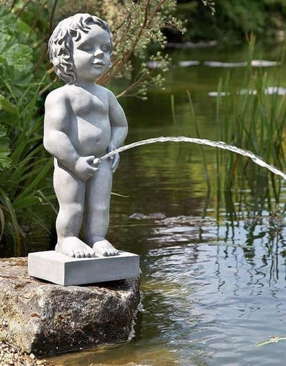 Classic Belgian Boy Design Statue Water Feature with Pump, Polyresin Stone Color Pond Spitter Fountain Sculpture, for Water Garden Koi Fish Ponds, Gardens, Patios, Fountain Centers or Pools