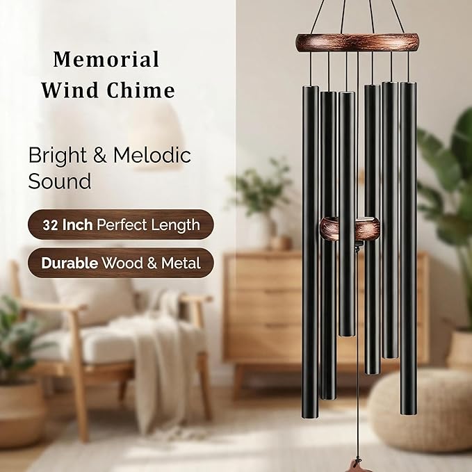 Large Aluminum Wind Chime -32 inch Black Metal 6-Tube Wind Chime Decoration with Commemorative Leaf Pendant, Suitable as a Consolation Wind Chime for Gardens, terraces, Home Decor, and Gifts