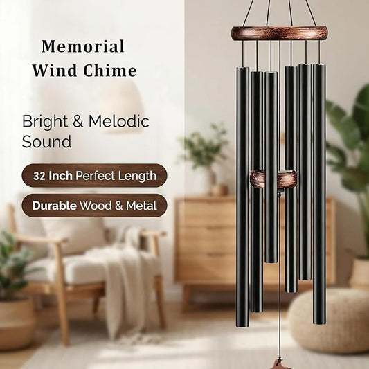 Large Aluminum Wind Chime -32 inch Black Metal 6-Tube Wind Chime Decoration with Commemorative Leaf Pendant, Suitable as a Consolation Wind Chime for Gardens, terraces, Home Decor, and Gifts