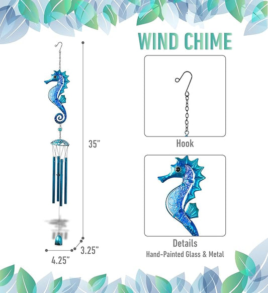 CoTa Global Blue Seahorse Wind Chime - Handcrafted Glass and Metal Chime - Hanging Seahorse Decoration for Indoor and Outdoor Spaces, Hanging Ocean Animal Windchime Decor Gift - 35 Inches