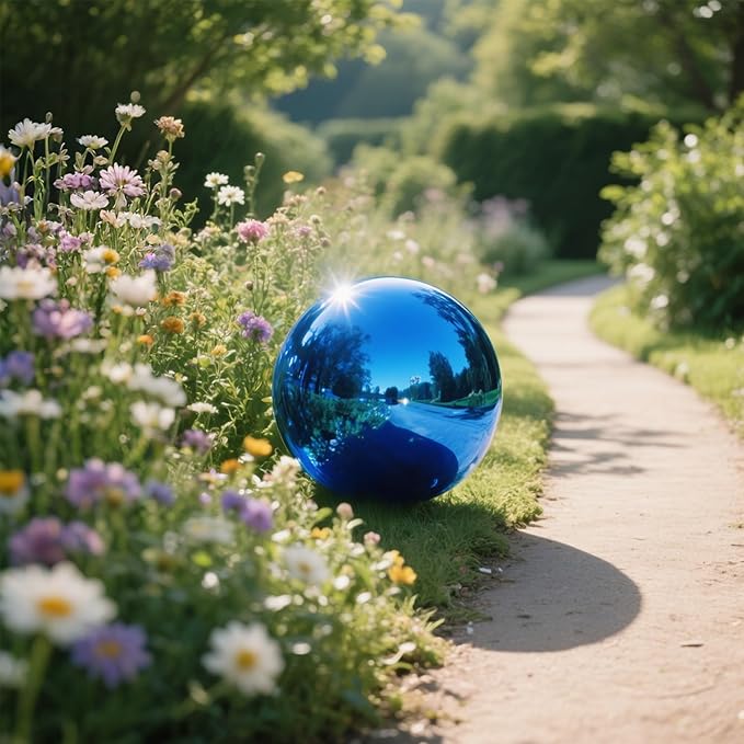 12 Inch Stainless Steel Gazing Ball, Garden Gazing Globe Mirror Ball, Polished Shiny Sphere for Garden Yard Outdoor, Swimming Pool Decoration (Blue)