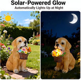 Solar Garden Dog Statue Outdoor Decor – Funny Golden Puppy Figurine with Butterfly & Flower Basket, Resin Yard Porch Patio Ornaments, Unique Christmas Birthday Gifts for Mom Grandma Women