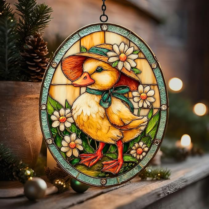 Warm Easter Duck Floral Mosaic Art Acrylic Suncatcher Stained Glass Effect Window Car Hanging Christmas Ornament Indoor Outdoor Decor Garden Sun Catcher Panel for Easter Lover for Women Mom Grandma