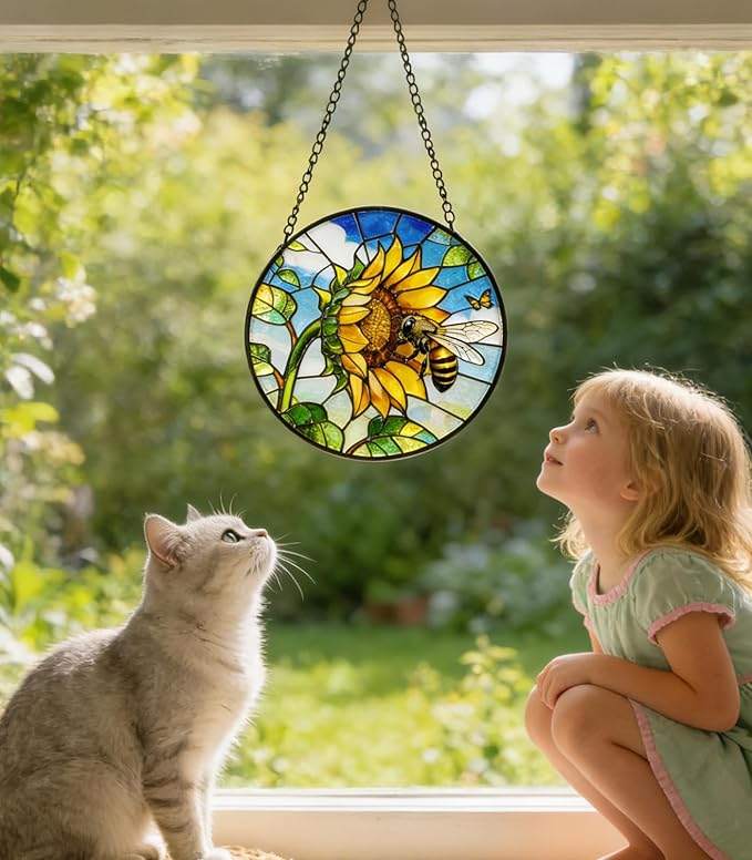 Stained Glass Window Hanging - Sunflower Flower and Bees on a Branch Suncatcher for Window Doors Home Decoration and Christmas, 7.8 * 7.8 inch