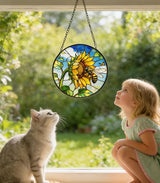 Stained Glass Window Hanging - Sunflower Flower and Bees on a Branch Suncatcher for Window Doors Home Decoration and Christmas, 7.8 * 7.8 inch