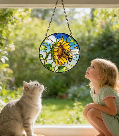 Stained Glass Window Hanging - Sunflower Flower and Bees on a Branch Suncatcher for Window Doors Home Decoration and Christmas, 6.3x6.3 inch