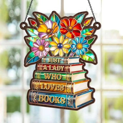 Jesuspirit - Window Hanging Suncatcher – Crystal Clear Acrylic & Wood Sun Catcher for Home Decor, for Women (Just A Lady Who Loves Books, 6 Inches)