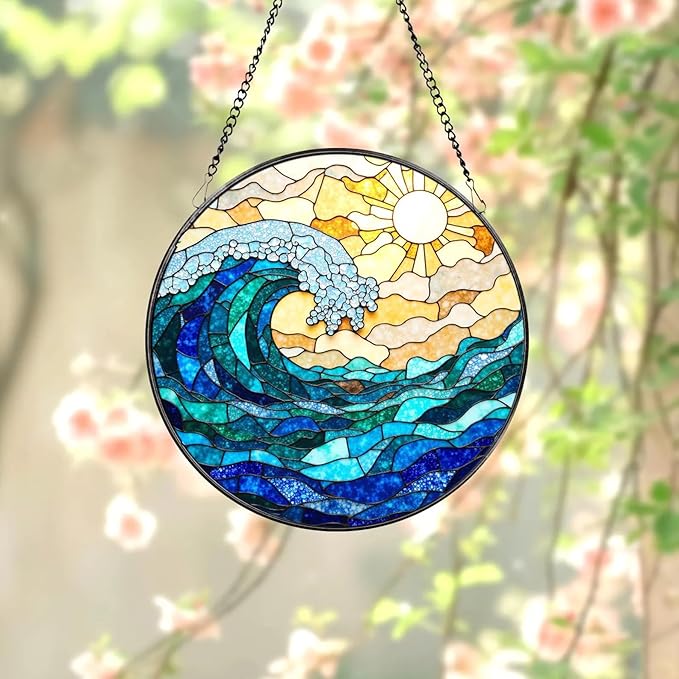 Stained Glass Window Hanging Sun Catcher 7.8 in, Ocean Wave Glass Panel Suncatcher for Indoor Window Decor, Coastal Home Beach Decor Gift for Women, Men, Wife, and Mom