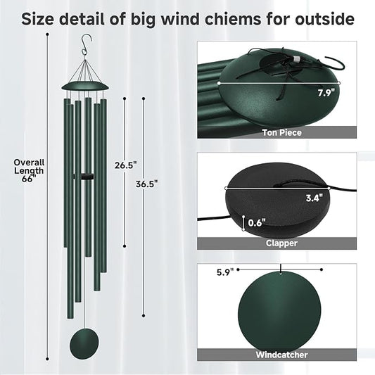 66" Extra Large Wind Chimes for Outside Deep Tone, 6 Thick and Bold Aluminum Tubes Tuned Relaxing Melody Wind Chime, Big Wind Chimes for Garden Patio Decor, Great Gift Idea for Mother's Day (Forest)