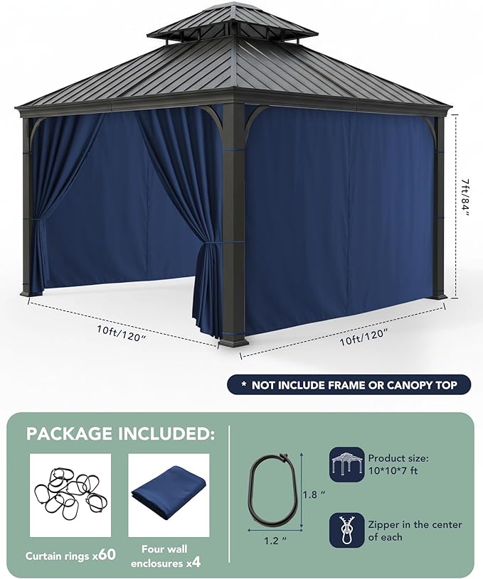 Gazebo Curtains Outdoor Waterproof - 10'Wx10'Lx7'H Weatherproof Patio Pergola Outside Curtains, Gazebo Universal Replacement Privacy Curtains, 4 Panels Sidewall Drapes with Zipper, Navy
