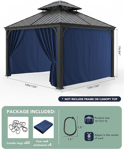 Gazebo Curtains Outdoor Waterproof - 10'Wx10'Lx7'H Weatherproof Patio Pergola Outside Curtains, Gazebo Universal Replacement Privacy Curtains, 4 Panels Sidewall Drapes with Zipper, Navy