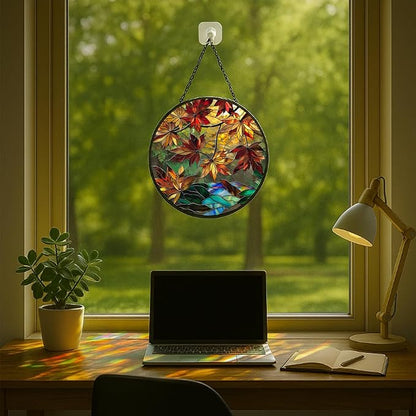 Autumn Leaves Stained Glass Window Hanging Panel – Nature Fall Suncatcher Wall Art for Home Window Decor and Gift
