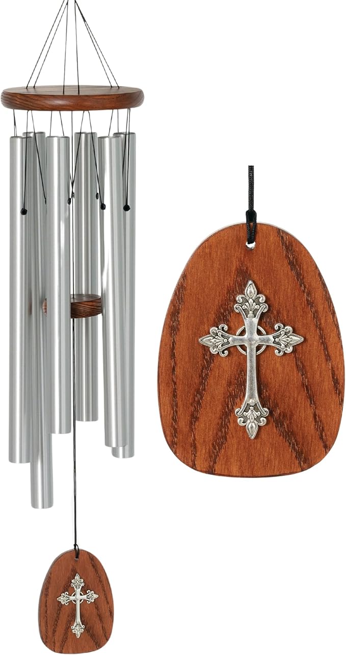 Woodstock Chimes Cross Wind Chime for Outside, Garden, Patio, Porch and Outdoor Decor (25'') Silver Amazing Grace Medium (AGMCR)
