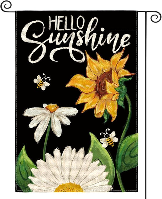 AVOIN colorlife Daisy Sunflower Hello Sunshine Garden Flag 12x18 Inch Double Sided, Summer Seasonal Holiday Burlap Yard Outdoor Decoration Black
