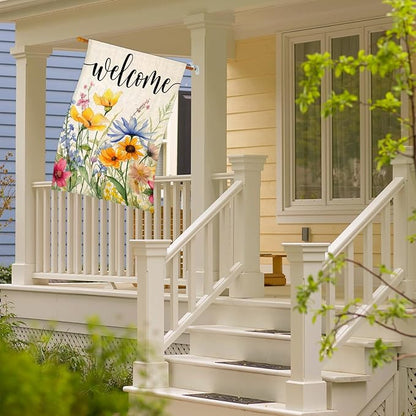 Welcome Flowers House Flags for Outdoor Decoration, Spring Watercolor Floral Large Yard Flag, Decorative Summer Celebration Decor for Seasonal Farmhouse Holiday Outside 28x40 Inch Vertical