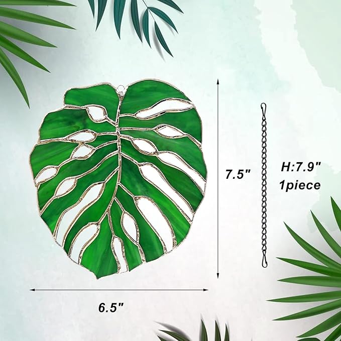 Tuitessine Monstera Stained Glass Suncatcher Window Decor,Tropical Leaf Hanging Ornament 7.5 x 6.5, Handmade Glass Panel for Home & Garden,Unique Birthday Gift for Plant Lovers