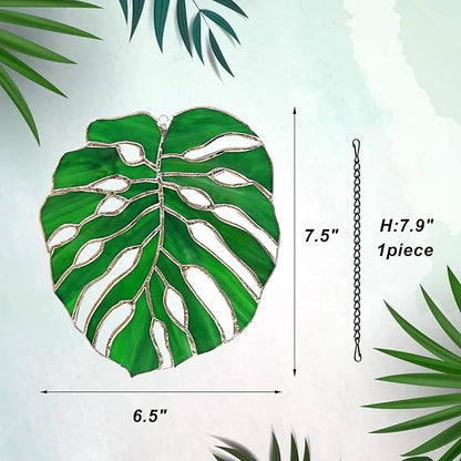 Tuitessine Monstera Stained Glass Suncatcher Window Decor,Tropical Leaf Hanging Ornament 7.5 x 6.5, Handmade Glass Panel for Home & Garden,Unique Birthday Gift for Plant Lovers
