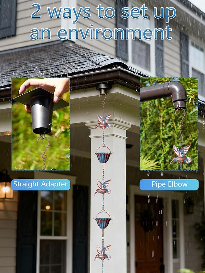 Rain Chains for Gutters, 8.8ft Rain Catcher Chain with 7 Metal Cups & Hummingbird Decor, Adjustable Downspout Replacement for Roof Drainage & Decorative Water Collection(Hummingbird Blue)