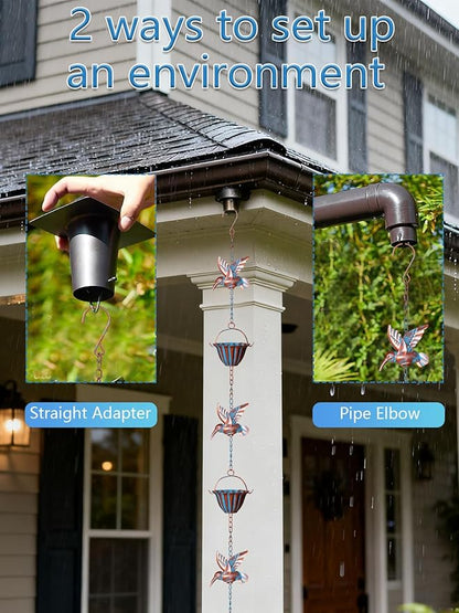 Rain Chains for Gutters, 8.8ft Rain Catcher Chain with 7 Metal Cups & Hummingbird Decor, Adjustable Downspout Replacement for Roof Drainage & Decorative Water Collection(Hummingbird Blue)
