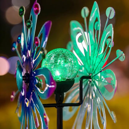Solar Wind Spinner Outdoor Metal Garden Decor – 60.63'' Kinetic Flower Sculpture with Color-Changing LED Crackle Glass Ball & Gemstone, Waterproof Wind Catchers for Patio, Yard, Lawn Art Decoration