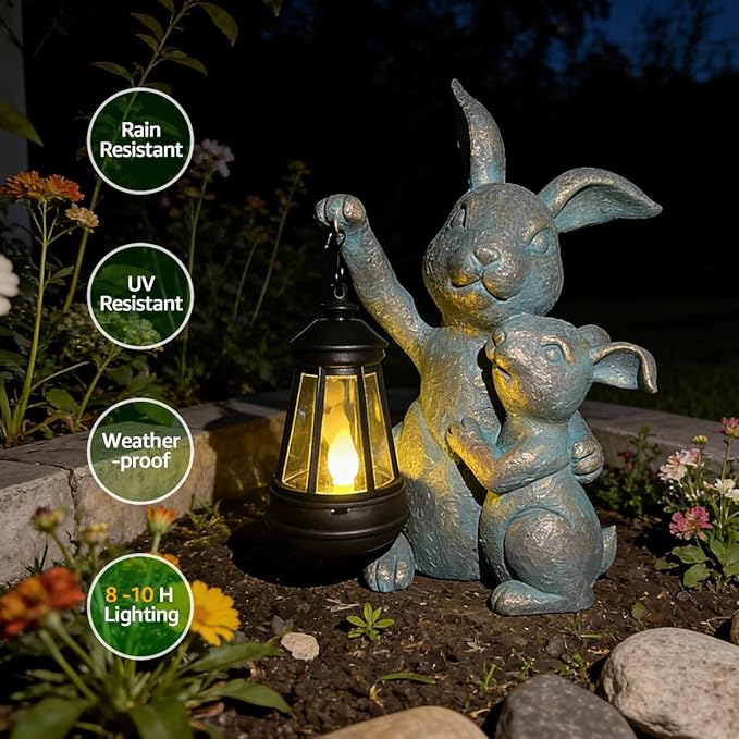 Solar Outdoor Statues Lantern Figurines Light Decorations for Garden Patio Balcony Yard Lawn, Ideal Gifts for Mom Friends (Bronze -Rabbit)