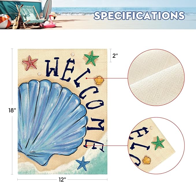 AVOIN colorlife Summer Coastal Beach Shell Garden Flag 12x18 Inch Double Sided, Welcome Seasonal Nautical Burlap Yard Outdoor Decoration