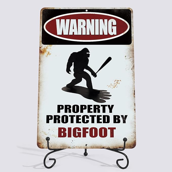 Yniaun Decor Vintage Bigfoot Decor Gifts, Funny Sasquatch Metal Tin Signs, Yard Forest Garage Garden Wall Decor - Warning Property Protected by Big foot 12 x 8 Inches Outdoor & Indoor (2pcs)
