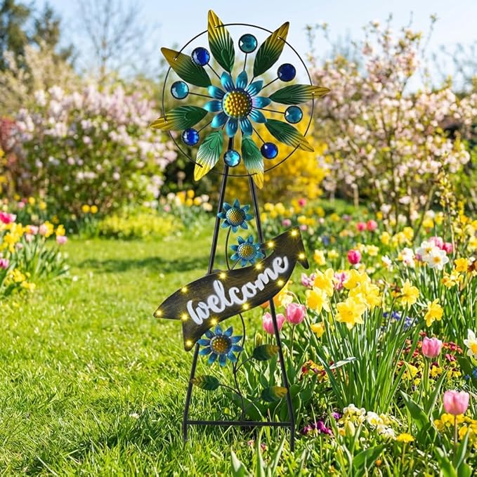 TERESA'S COLLECTIONS Hummingbird Garden Solar Stake, Wind Spinner Yard Art Sign for Outdoor Decor, Metal Purple Floral Windmill Decorative Garden Stake for Lawn Ornaments, Gifts for Mom, 26''